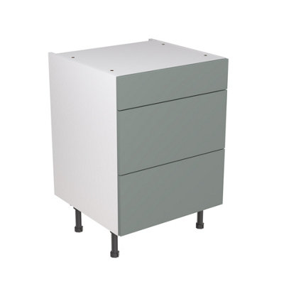 Kitchen Kit Sage Green Matt Slab Door Base Unit Cabinet 3 Drawer Soft Close Flatpack - 600x870mm