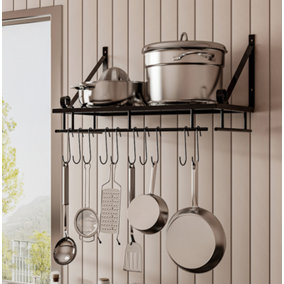 Kitchen Metal Shelves Saucepan Pan Pot Rack Storage Shelf with 10 Hooks Wall Mounted W 45 cm