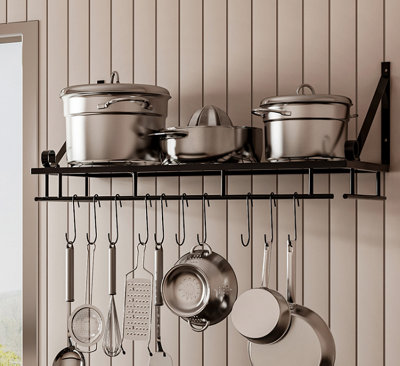 Kitchen Metal Shelves Saucepan Pan Pot Rack Storage Shelf with 10 Hooks Wall Mounted W 60 cm
