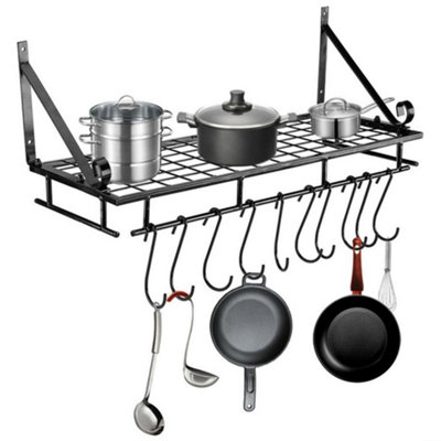 Kitchen Metal Shelves Saucepan Pan Pot Rack Storage Shelf with 10 Hooks ...