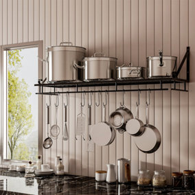 Kitchen Metal Shelves Saucepan Pan Pot Rack Storage Shelf with 10 Hooks Wall Mounted W 90 cm