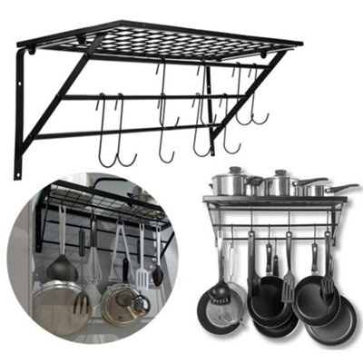 Kitchen Metal Shelves Saucepan Pan Pot Rack Storage Shelf with 10 Hooks ...