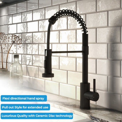 Kitchen Mixer Tap with Pull Out Spray, Matt Black Single Lever High Arc ...