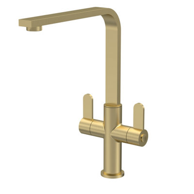 Kitchen Mono Mixer Tap with 2 Lever Handles, 302mm - Brushed Brass