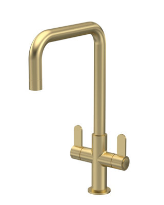 Kitchen Mono Mixer Tap with 2 Lever Handles, 361mm - Brushed Brass