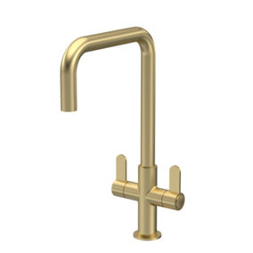 Kitchen Mono Mixer Tap with 2 Lever Handles, 361mm - Brushed Brass