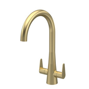 Kitchen Mono Mixer Tap with 2 Lever Handles, 398mm - Brushed Brass