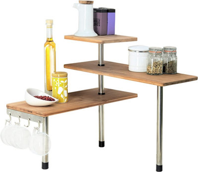 Kitchen or Bathroom Corner Etagere Freestanding 3 Tier Bamboo Wooden Shelving Unit Measures 43 x 39 x 18cm