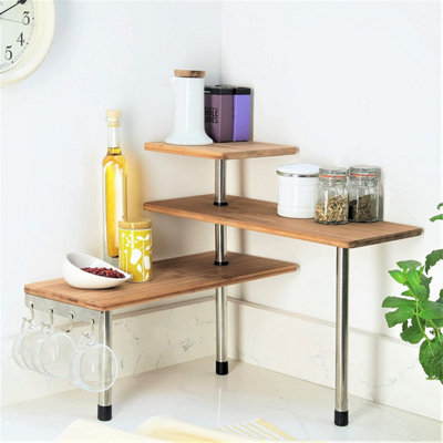 Kitchen or Bathroom Corner Etagere Freestanding 3 Tier Bamboo Wooden Shelving Unit Measures 43 x 39 x 18cm