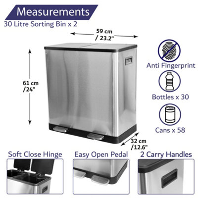 VonHaus Kitchen Bin, 60L Double Recycling Bin for Kitchen
