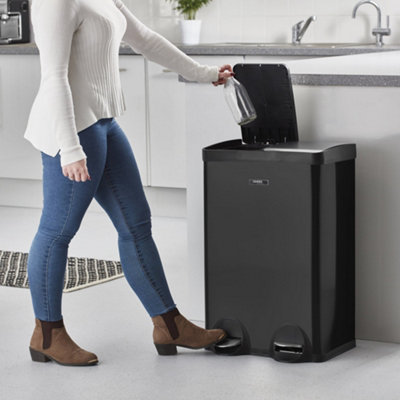 Kitchen Rubbish Recycling Pedal Bin 60L Dual 2 Waste Compartment Black