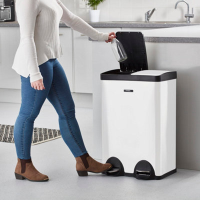 Kitchen Rubbish Recycling Pedal Bin 60L Dual 2 Waste Compartment White