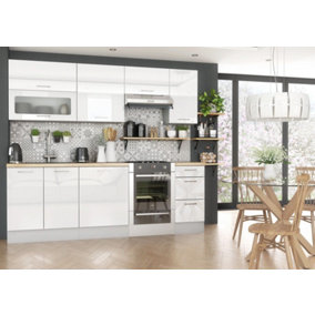 Kitchen Set 7 Unit Cabinet Soft Close 240cm Chrome Handle White High Gloss ELLA