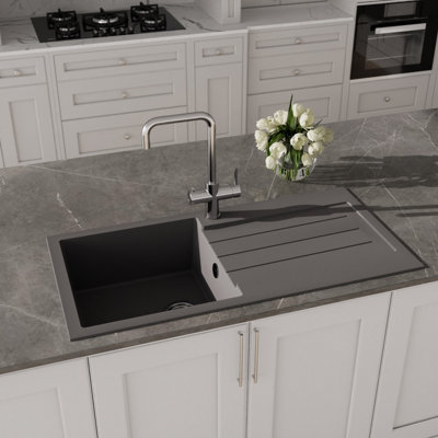 Kitchen Single Bowl Composite Inset Sink with Overflow & Drainer  - 1000 x 500mm - Matt Grey - Balterley