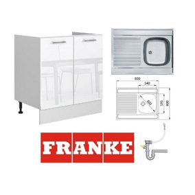 Kitchen Sink Cabinet Cupboard 800 Unit Franke Single Bowl White Gloss/Grey Ella