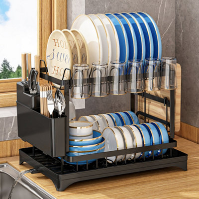 Kitchen Sink Dish Drainer Rack Drip Tray Cutlery Holder Plate Rack-2 Tier