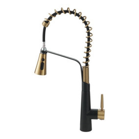 Kitchen Sink Mixer Tap, Spring Kitchen Faucet with Pull Down Sprayer, 3 Spray Modes Kitchen Tap (Black and Gold)