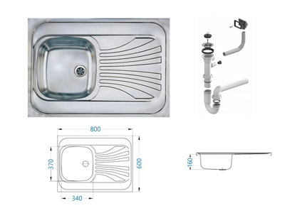 Kitchen Sink Single Bowl Sit On with Drainer Stainless Steel 800 x 600 mm Prima