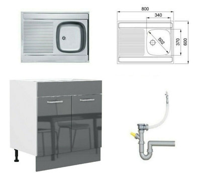 Kitchen Sink Unit Cabinet Cupboard Single Bowl Franke SINK 80cm Grey Gloss Luxe