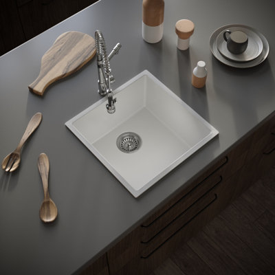 Kitchen Sink with Strainer & Overflow, Luxurious Single Bowl Kitchen Sinks Made of Pressed Material, Gloss White