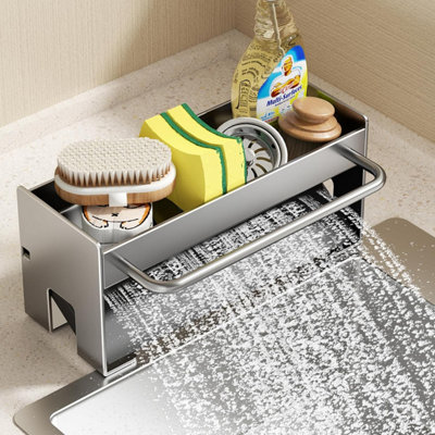 Kitchen Sponge Holder, Sink Caddy with Automatic Drain Tray, Thickened carbon steel Sponge Caddy Organizer, Countertop