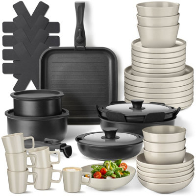 Kitchen starter set for 6 people with crockery, pots and more - black/taupe