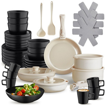 Kitchen starter set for 6 people with crockery, pots and more - black/white