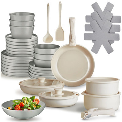 Kitchen starter set for 6 people with crockery, pots and more - grey/white