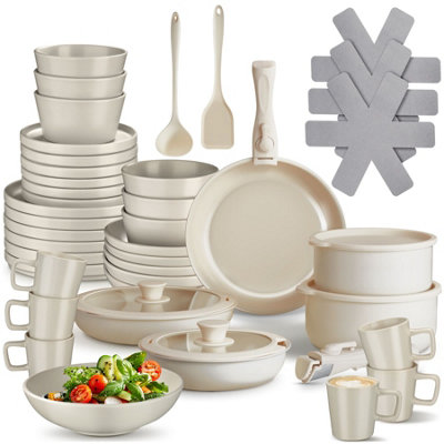 Kitchen starter set for 6 people with crockery, pots and more - taupe/white
