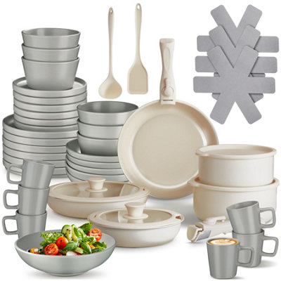Kitchen starter set for 6 people with crockery, pots etc. - grey/white