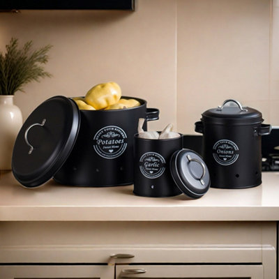 AuldHome Farmhouse Enamelware Vegetable Canister Set - Potatoes, Onions & Garlic (White)