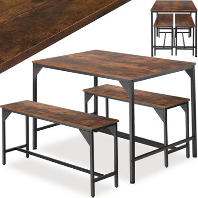 Kitchen table set Bolton inc. 1x table & 2x benches - Industrial wood dark, rustic