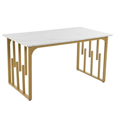 Kitchen Table, Unique Metal Frame Rectangular Dining Table with Adjustable Feet, White/Golden
