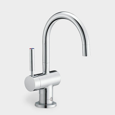 A chrome boiling water tap with a single lever on the side and a spout that rises from the tap body, curving down towards the sink at the top.