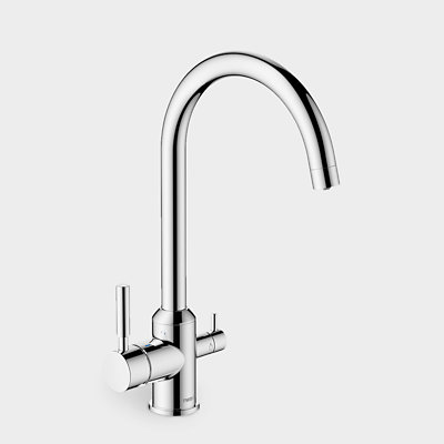 A chrome filter kitchen tap with two controls on either side of the tap body, and a spout that rises vertically from the tap body before curving back towards the sink.