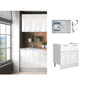 Kitchen Under Sink Cabinet Cupboard 800mm Sink Unit White Gloss with Single Bowl Steel Sink Reversible - Ella