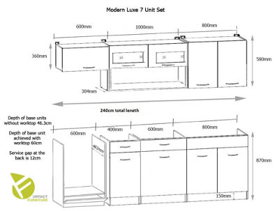 Kitchen Units Set 7 Cabinets Acrylic Legs Soft Close 240cm Grey High Gloss LUXE