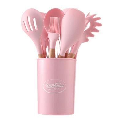 Kitchen Utensil Set of 8 Piece Pink Silicone Wooden Handle Kitchen Utensil Set for Cooking Safe for Non-Stick Cookware