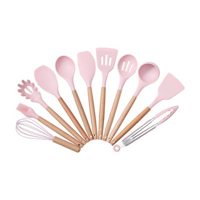 Kitchen Utensil Set of 8 Piece Pink Silicone Wooden Handle Kitchen Utensil Set for Cooking Safe for Non-Stick Cookware