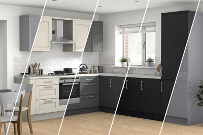 Kitchen visualiser showing four modern cabinet colours in one split-view kitchen layout.