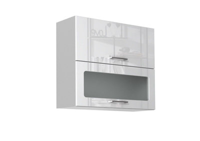 Kitchen Wall Unit 800mm Glass Display Cabinet 2 Doors 80cm Cupboard White Gloss / Grey Ella