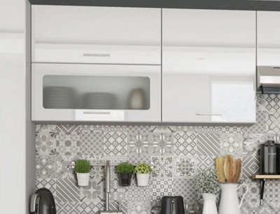 Kitchen Wall Unit 800mm Glass Display Cabinet 2 Doors 80cm White Gloss/Grey Ella