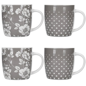 KitchenCraft 4-Piece Grey Floral / Polka Dot Mug Set