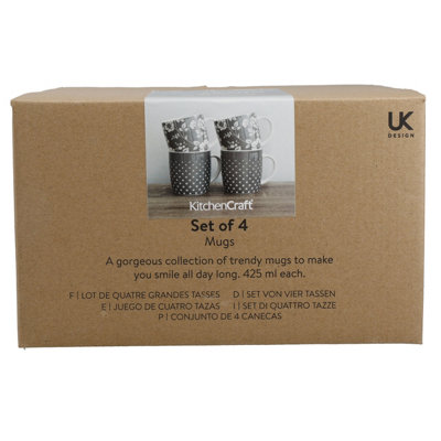 KitchenCraft 4-Piece Grey Floral / Polka Dot Mug Set