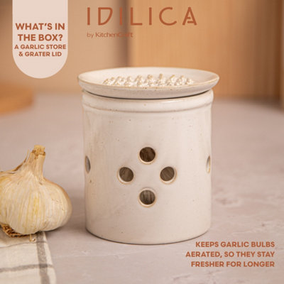 KitchenCraft Idilica Cream Ceramic Garlic Storage Box and Grater 10cm ...