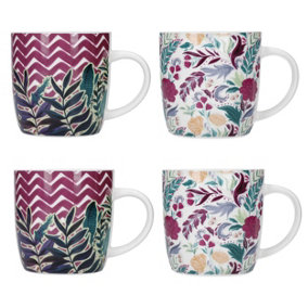 KitchenCraft Set of 4 Exotic Floral / Chevron Mugs