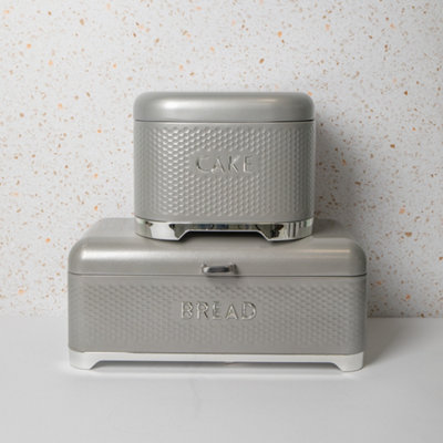 KitchenCraft Set of Gift-Tagged Shadow Grey Lovello Textured Cake Tin 26x26x19cm, Bread Bin 42x22x19cm