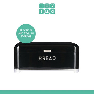 KitchenCraft Steel Bread Bin Black Kitchen Food Storage with Lid Retro