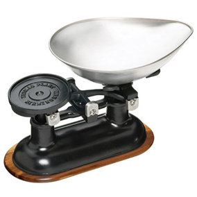 KitchenCraft Traditional Balance Scales in Black, Acacia Wood Stand