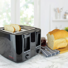 KitchenPerfected 4 Slice Wide Slot Toaster, 7 Browning Settings, Defrost/Reheat/Cancel,  - Black - E2115BK